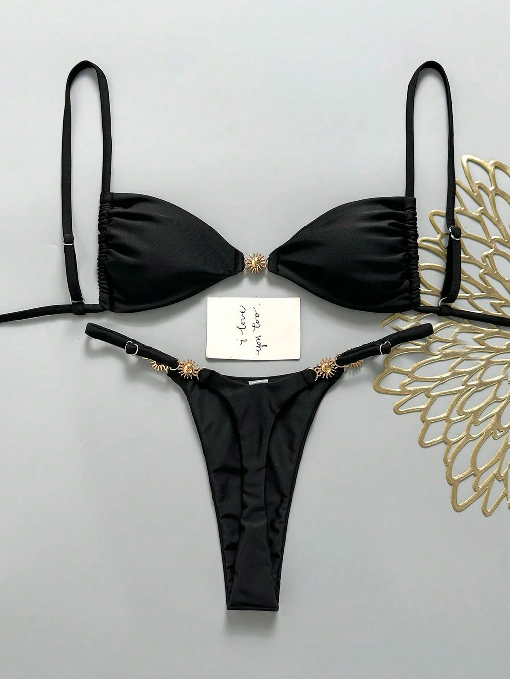 Swim Vcay Women's Fabric Multicolor All Over Print Thong Bikini Set With Spaghetti Straps And Split Details - image 3