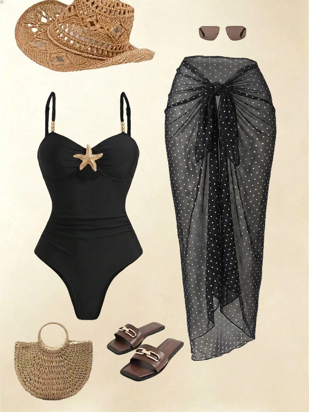 Swim Oasis Women Summer Beach Holiday Hollow-Out Starfish Decor Ruched Tummy Control One-Piece Swimsuit With