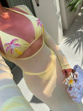 3pcs SS26 New Women's Fashion Bikini Set, Crop Top With Mesh Dress, Ocean Pearl Decor, Light Yellow, Women's