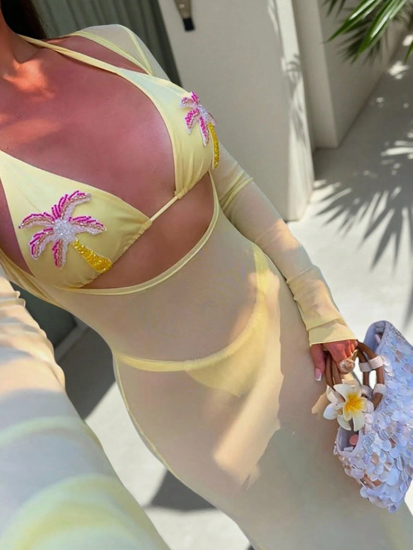 3pcs SS26 New Women's Fashion Bikini Set, Crop Top With Mesh Dress, Ocean Pearl Decor, Light Yellow, Women's