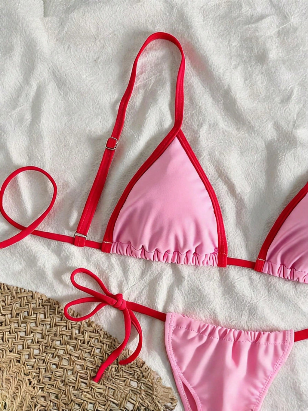2pcs Colorblock Contrast Trim Triangle Bikini Set, Pink 2 Piece