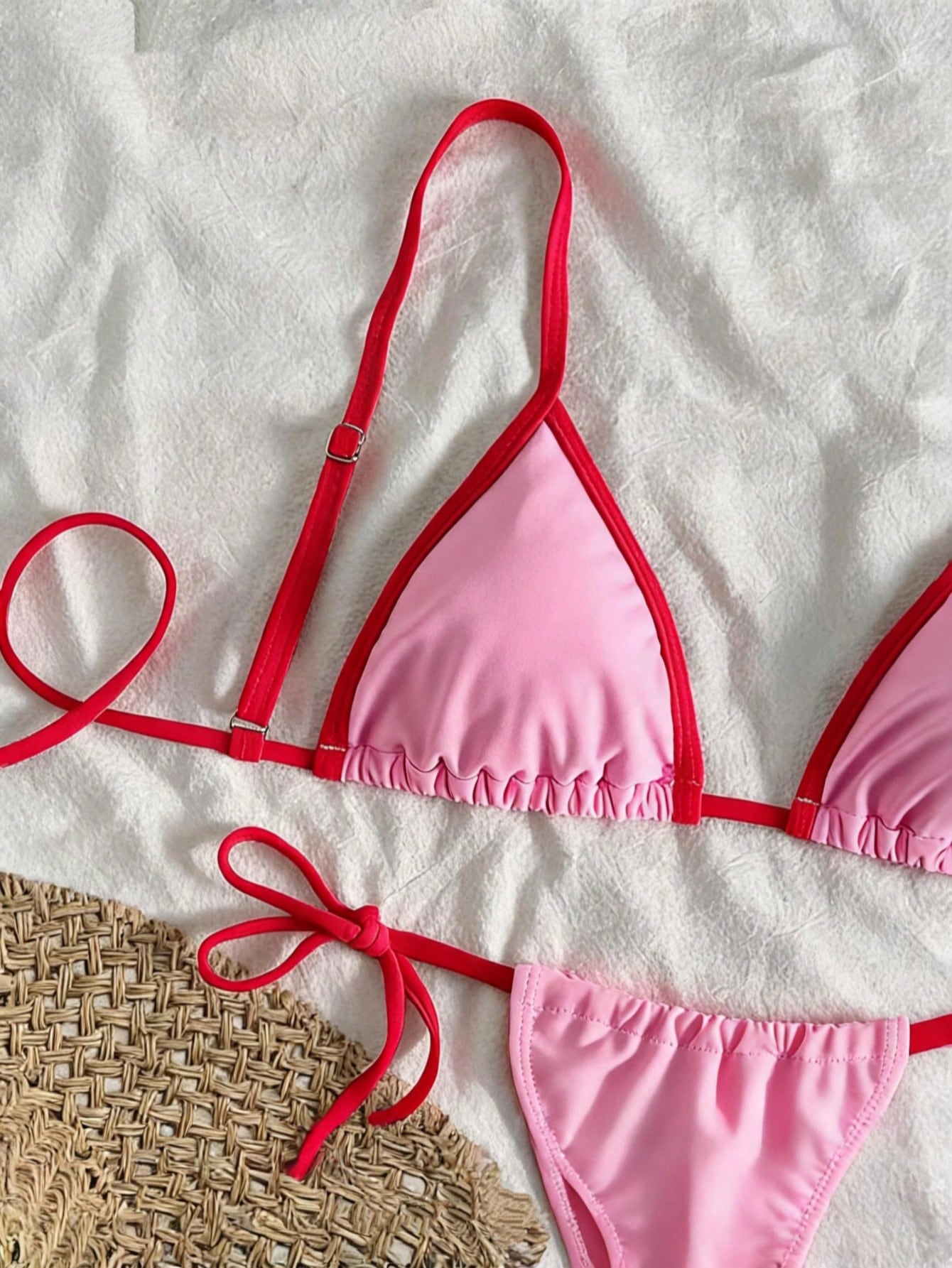 2pcs Colorblock Contrast Trim Triangle Bikini Set, Pink 2 Piece