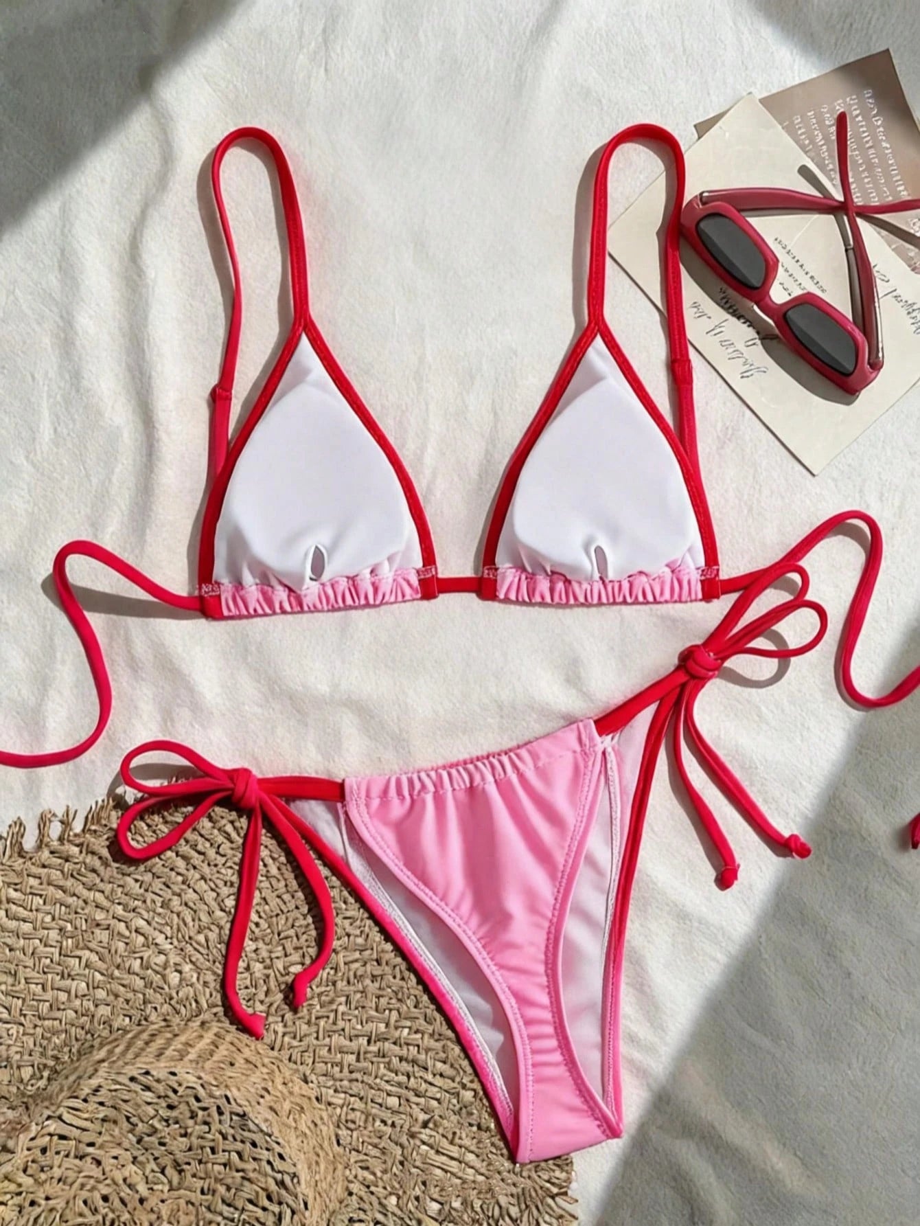 2pcs Colorblock Contrast Trim Triangle Bikini Set, Pink 2 Piece
