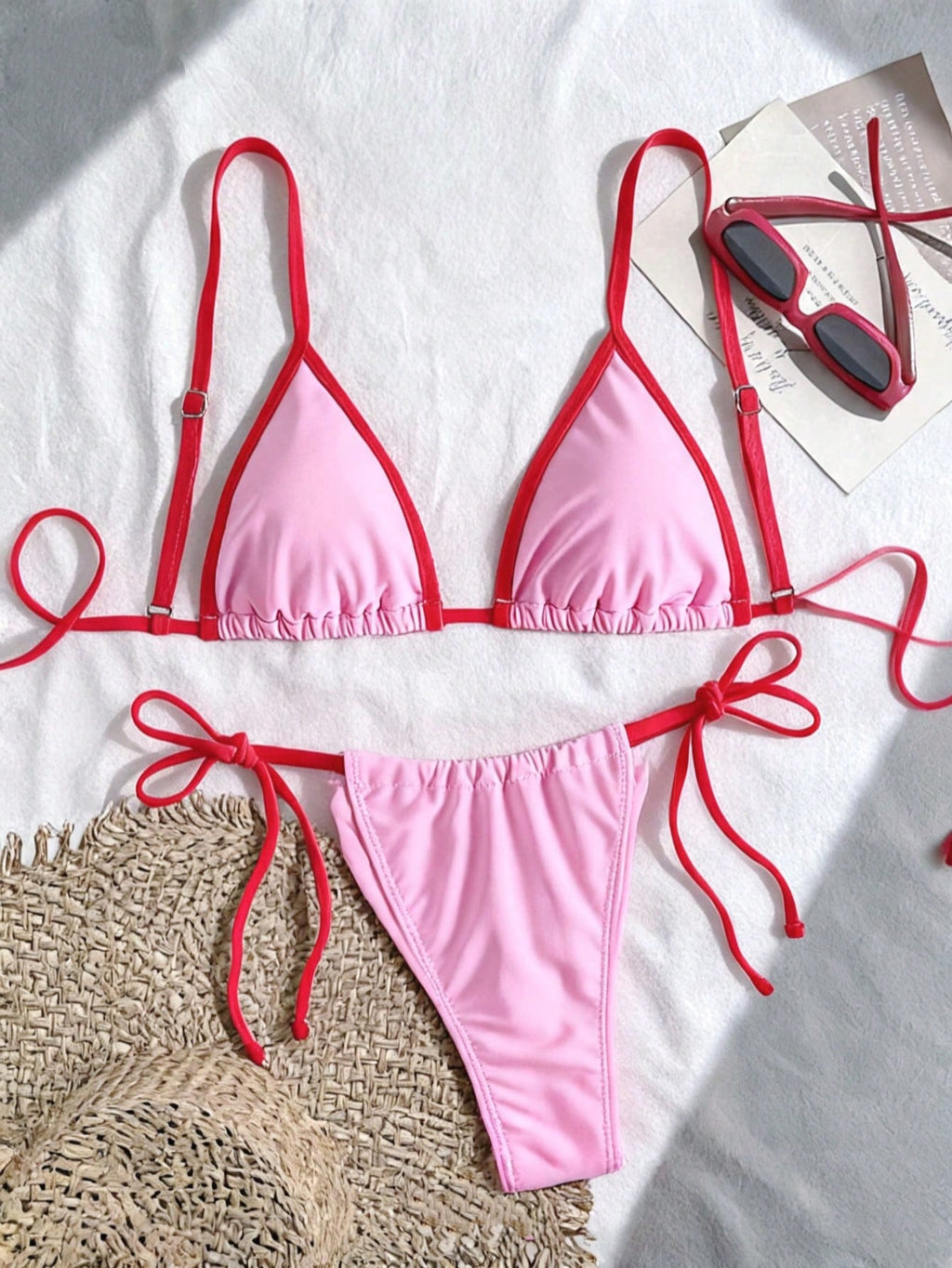 2pcs Colorblock Contrast Trim Triangle Bikini Set, Pink 2 Piece