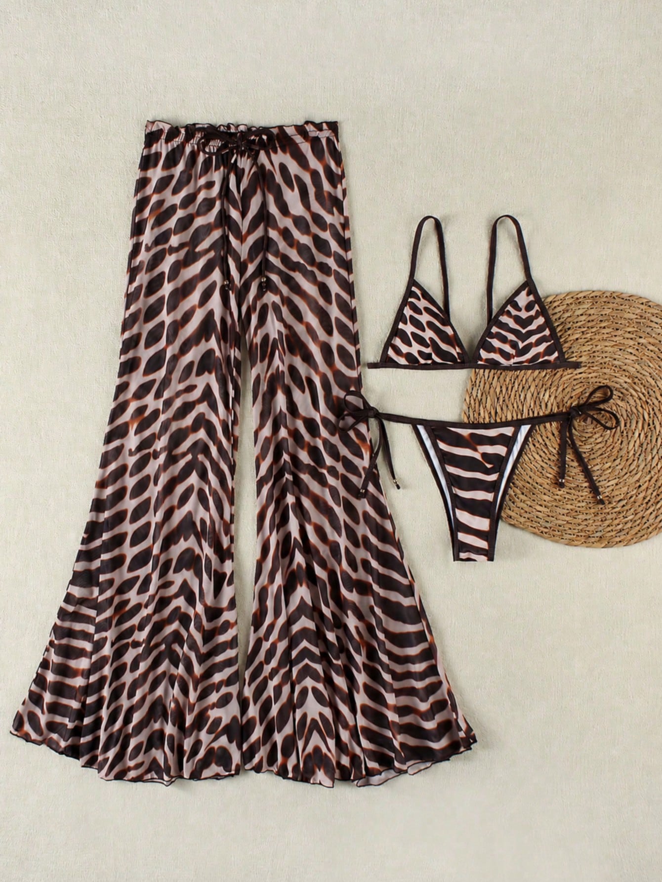 Women's New Sexy Zebra Print Bikini Set With Coverup And Flare Pants,