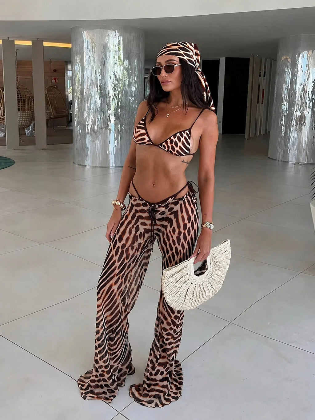 Women's New Sexy Zebra Print Bikini Set With Coverup And Flare Pants,