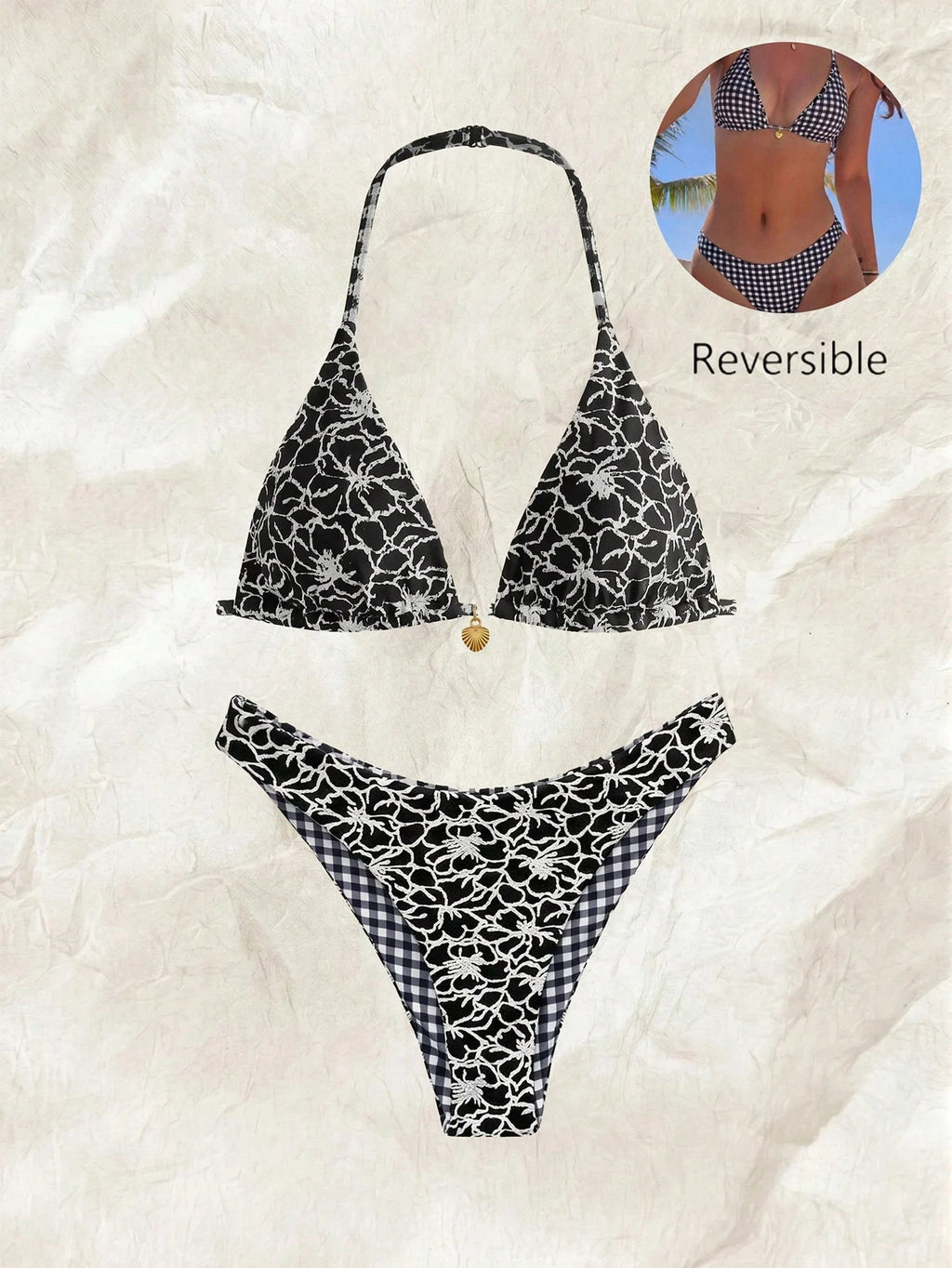 Swim Mod Women's Reversible Brown Plaid And Stripe Bikini Set For