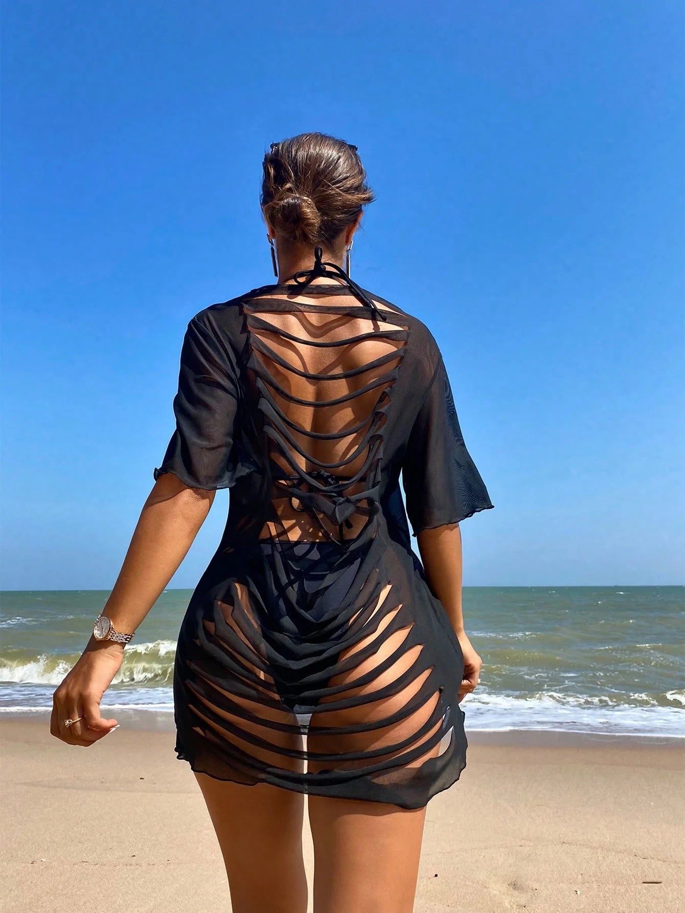 Swim SXY Summer Beach Solid Ripped Mesh Cover Up