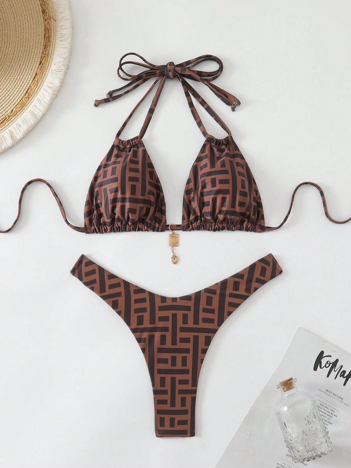 Swim Basics Women Summer Random Floral Print Halter Metal Decor Sexy Bikini Set - image 7